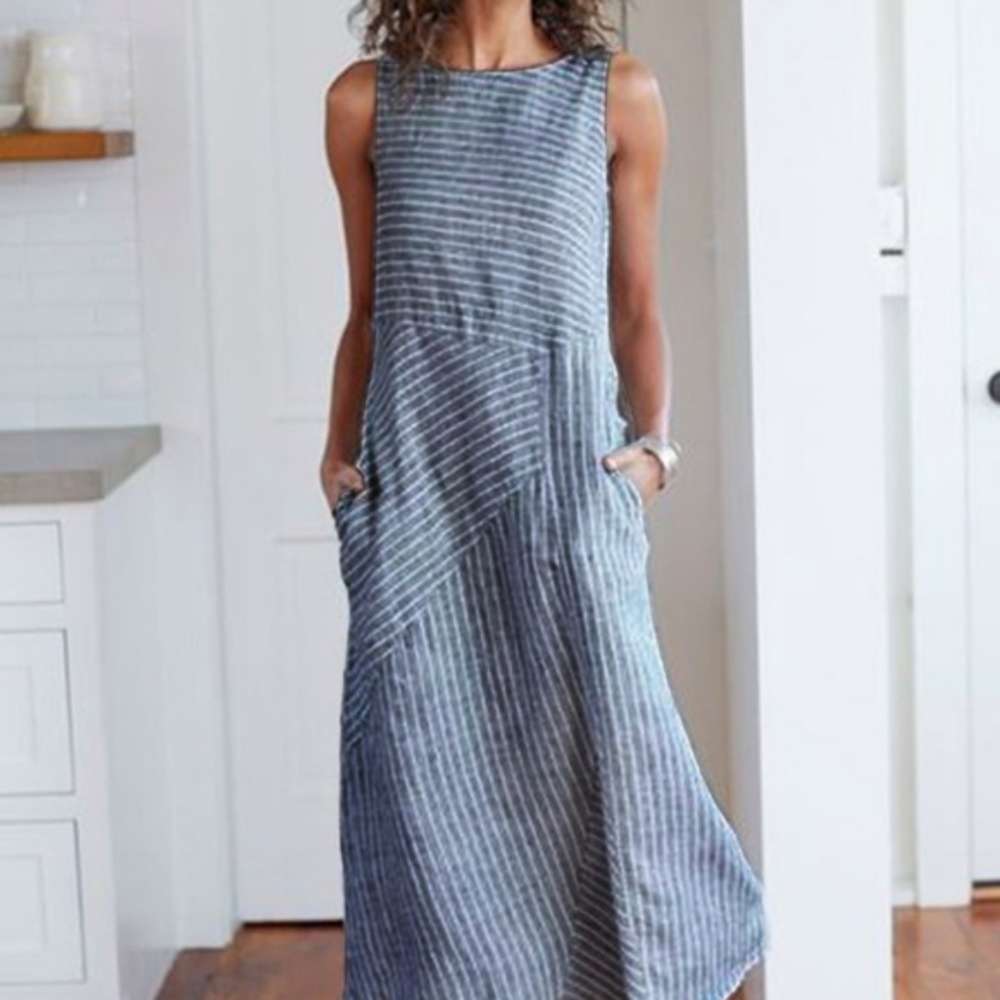 Misslook Linen Blue White Stripe Pockets Small